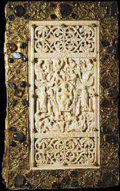 A piece of the ivory cover of the Evangelium longum, engraved around 890.